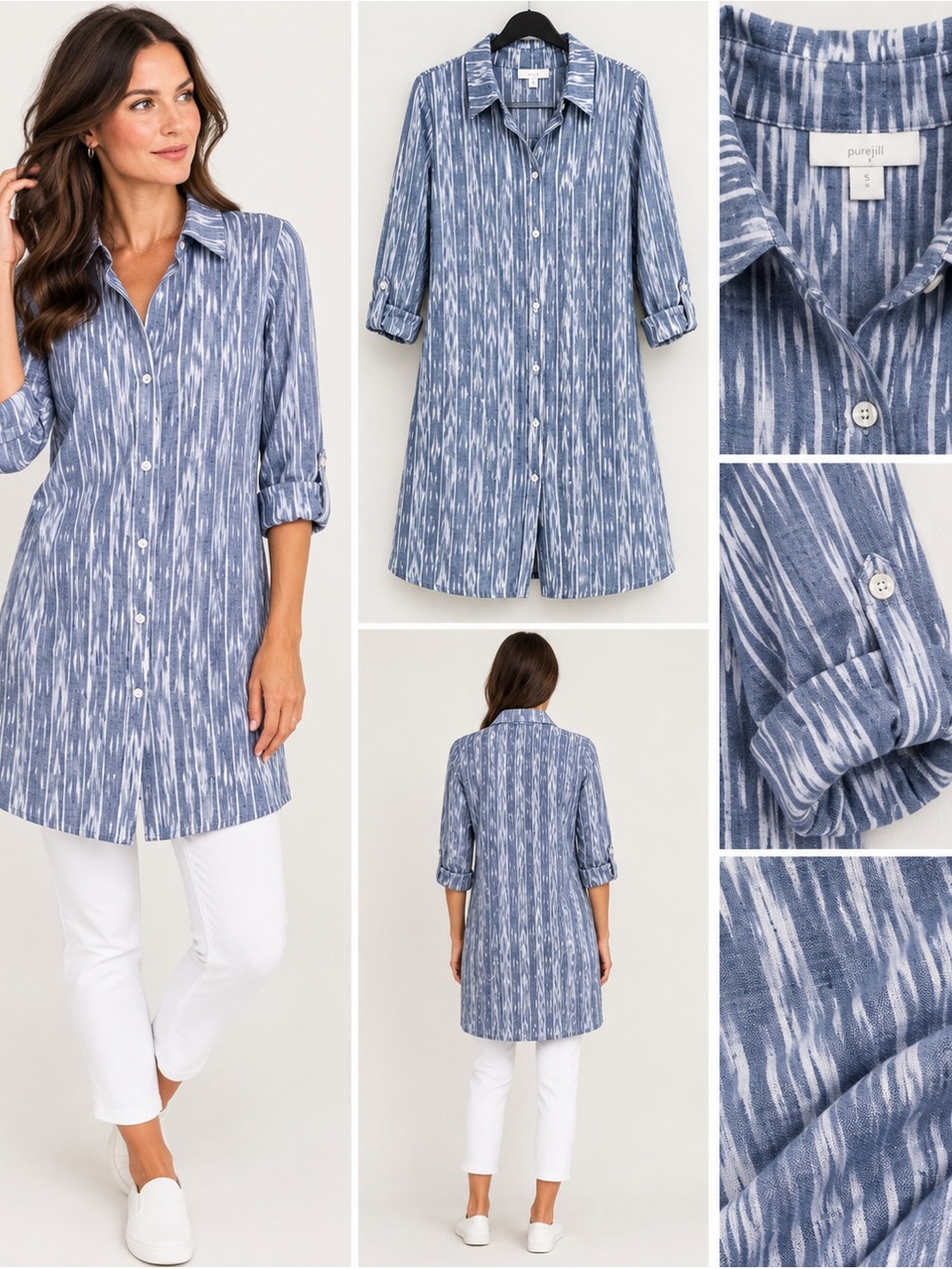Striped Blue Ikat Button-Down Tunic Shirt